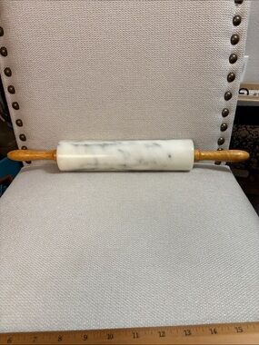Vintage - White Marble Rolling Pin with Wooden Handles